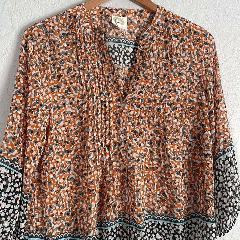 Fig and Flower Orange Blue Floral Blouse Pleated Bib Fall Peasant Boho - Image 2