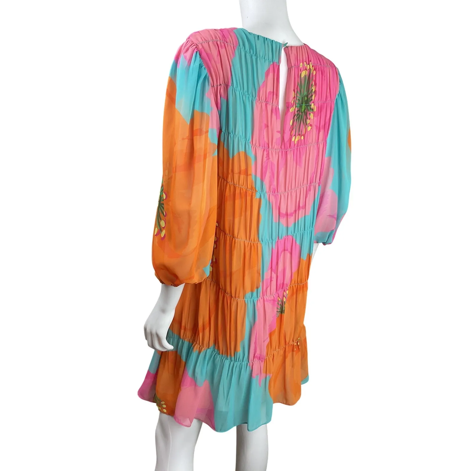 Trina Turk Floral Tiered Midi Dress Orange Blue Pink Ruffle Sleeve Size S - Image 5