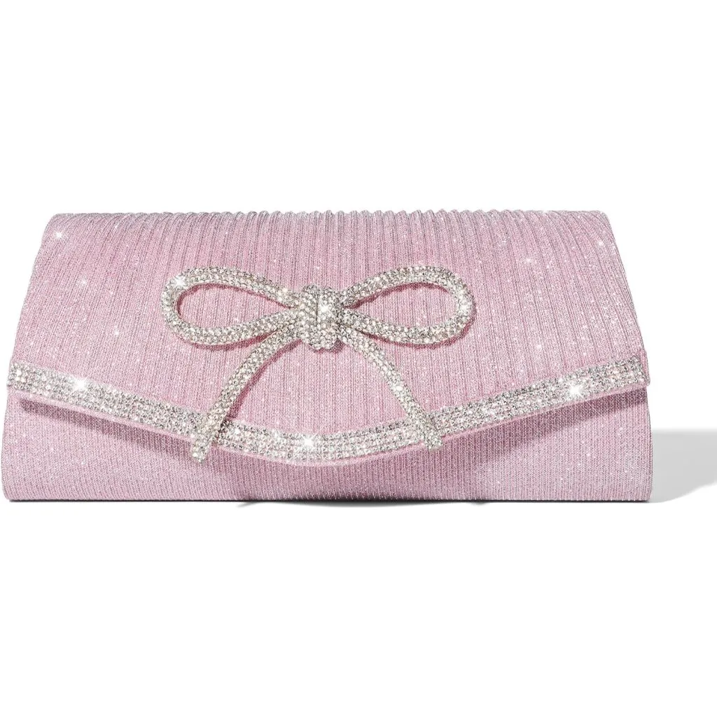 ⚡Women's Light Pink Bow Sparkly Glitter Evening Rhinestone Party Prom Clutch Bag - Image 4