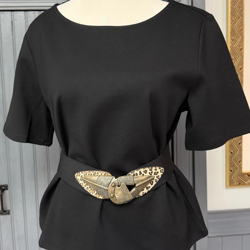 Vintage Omega Black Stretch Belt Brass Brutalist Buckle Medium - Image 7