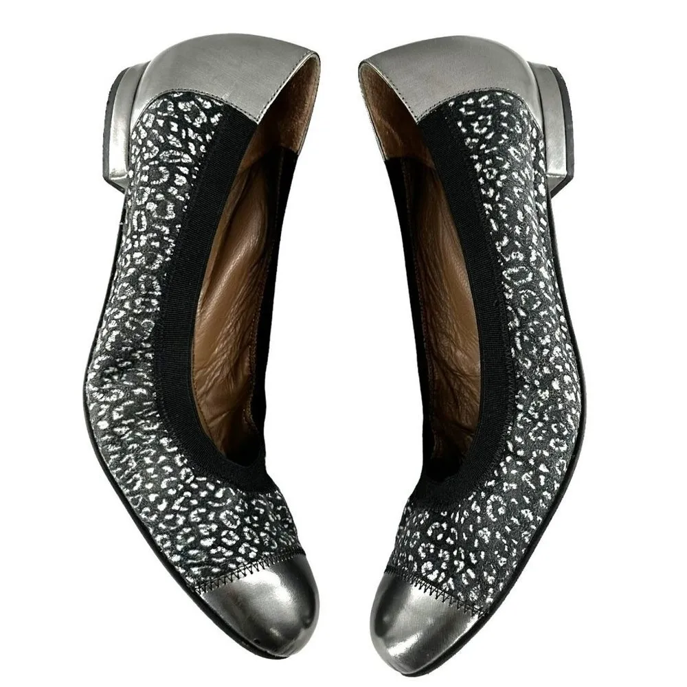 Anyi Lu Gray Cheetah Leather Metallic Pewter Cap Toe Ballet Flats Size 39 Silver - Image 3