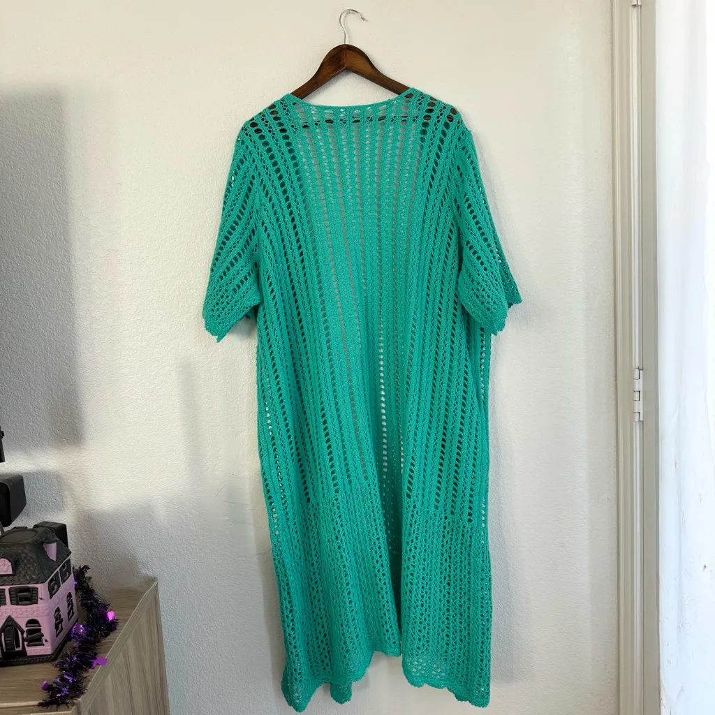 Jessica London Womens Duster Teal Crochet Short Sleeve Plus Size 26/28 - Image 2