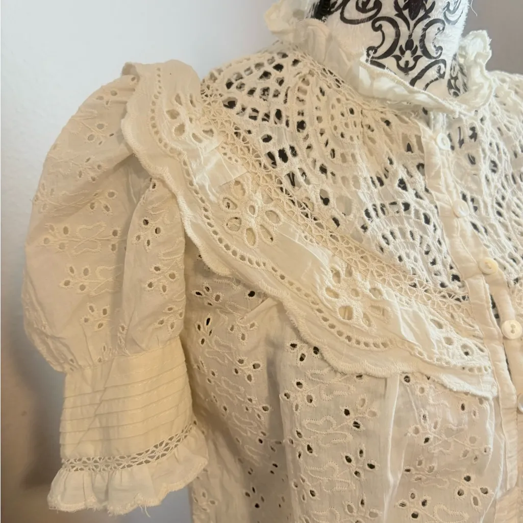 HOUSE OF HARLOW 1960 Ivory Ruffle Trim Puff Sleevees Blouse Size M - Image 4