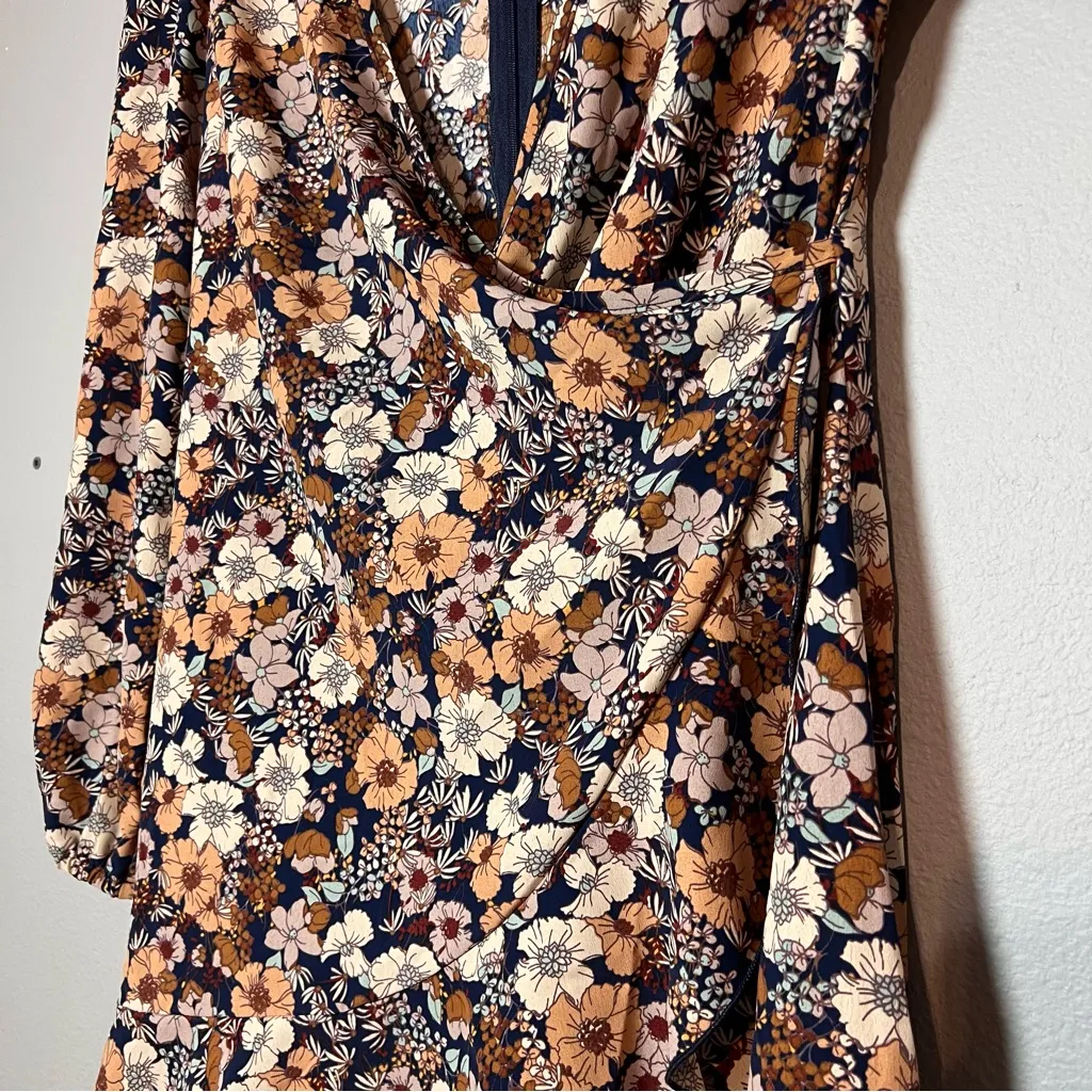 Altar’d State Faux Wrap Mini Dress Floral Brown Orange Long Sleeve Medium NWT - Image 3