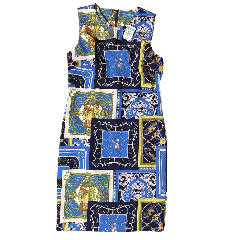 J. Mclaughlin Belinda Sheath Dress 6 Heraldic Patwork Print Blue NWT Equestrian - Image 4