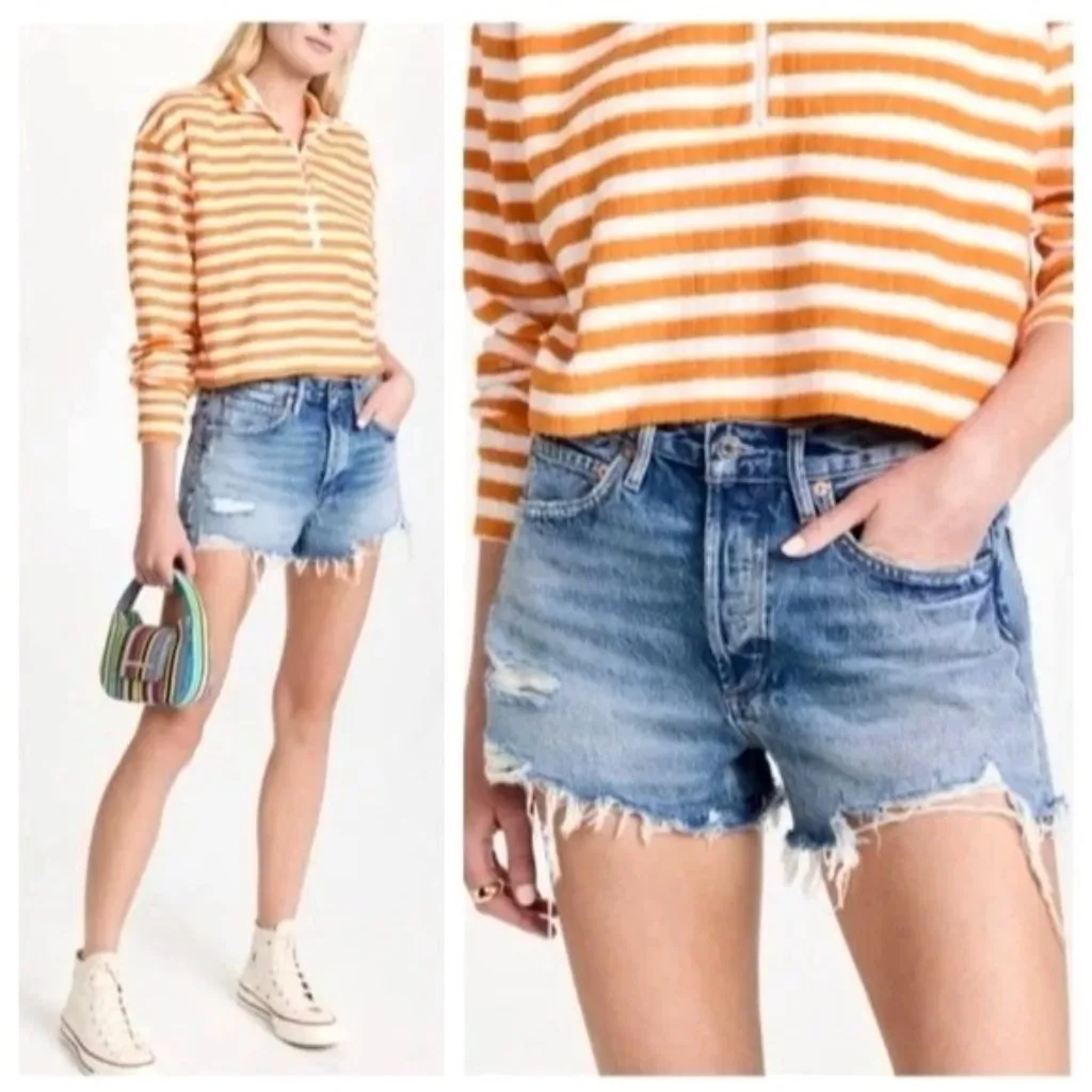 Agolde Shorts Women 24 Blue Denim Distressed‎ Vintage Cut Off Parker Jean Luxury - Image 2