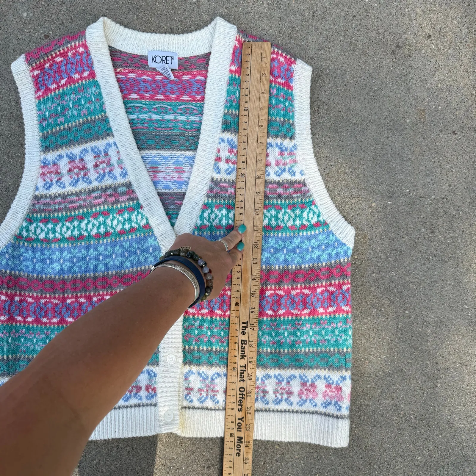 Vintage 90s Koret Grannycore Lagenlook Fair Isle Knit Sweater Vest Pink Blue XL - Image 8