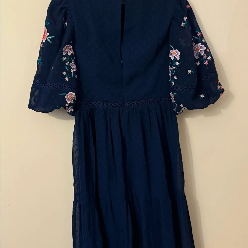 ASOS DESIGN High Neck Floral Embroidered Midi Dress Lace Trim Navy 6 NEW - Image 10