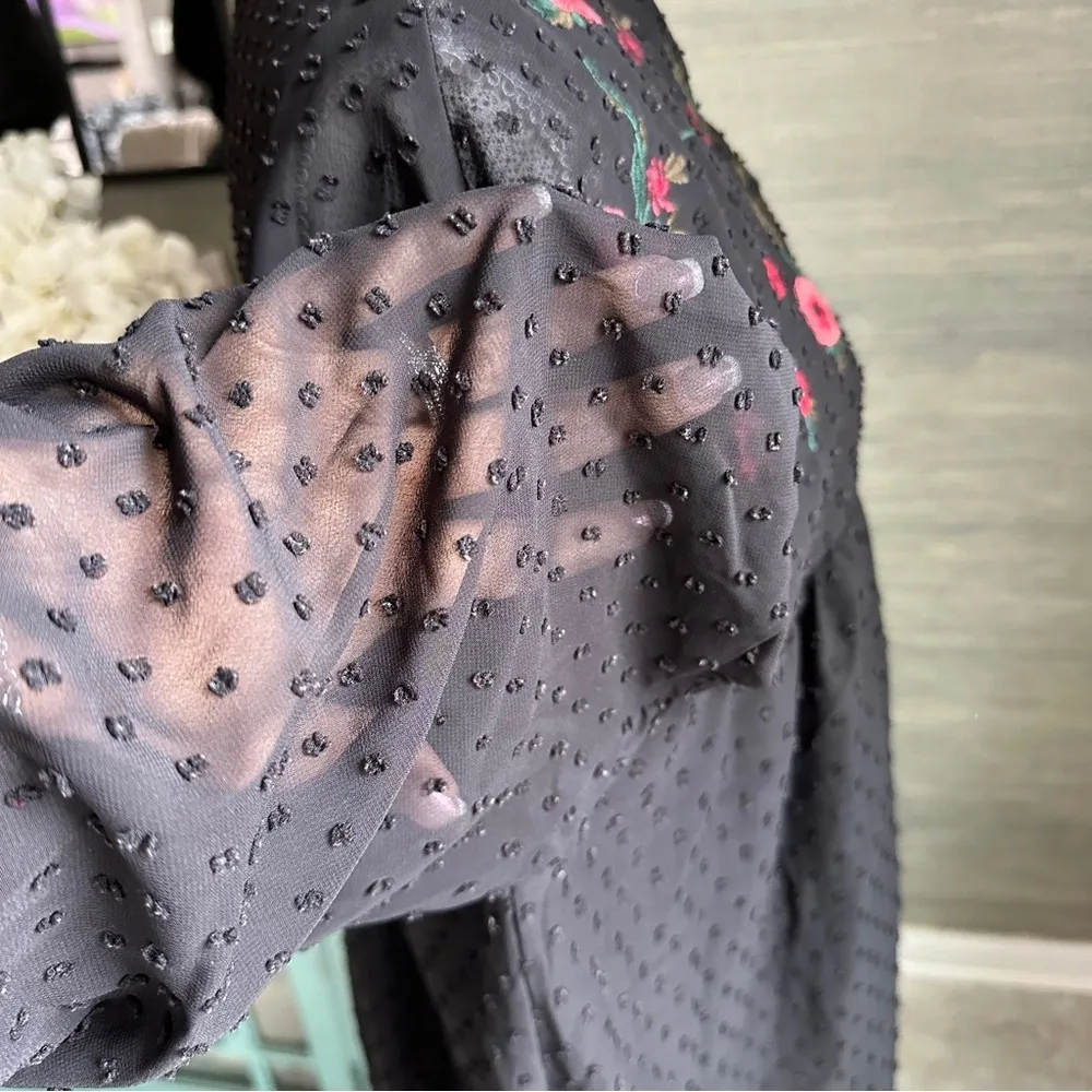 SuzAnne Betro Black Floral Embroidered Swiss Dot Dress | Size Large - Image 12