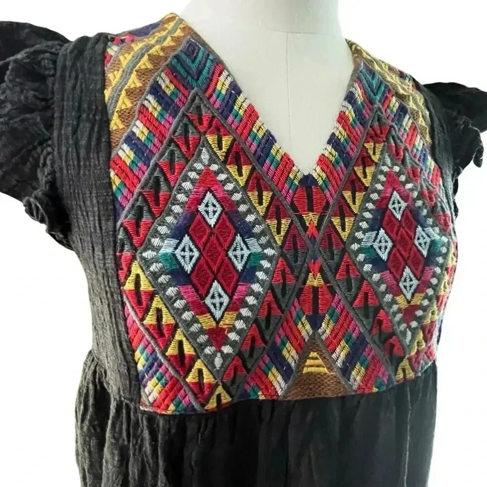 THML Women Small Dress Black Cotton Rayon‎ Embroidery Flutter Aztec Western SW - Image 3