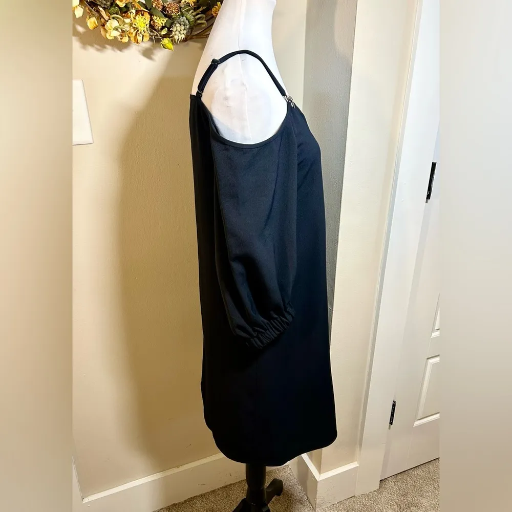 TIBI Cold Shoulder Suspender Drape Twill Black Mini Shift Dress Sz 0 - Image 7