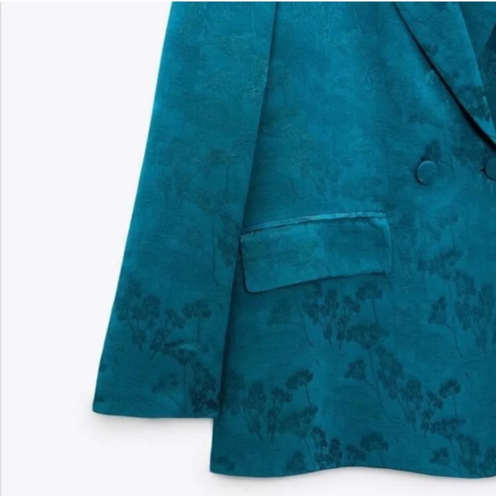 Zara Double Breasted Textured Turquoise Blue Jacquard Lapel Collar Blazer XS NEW - Image 10