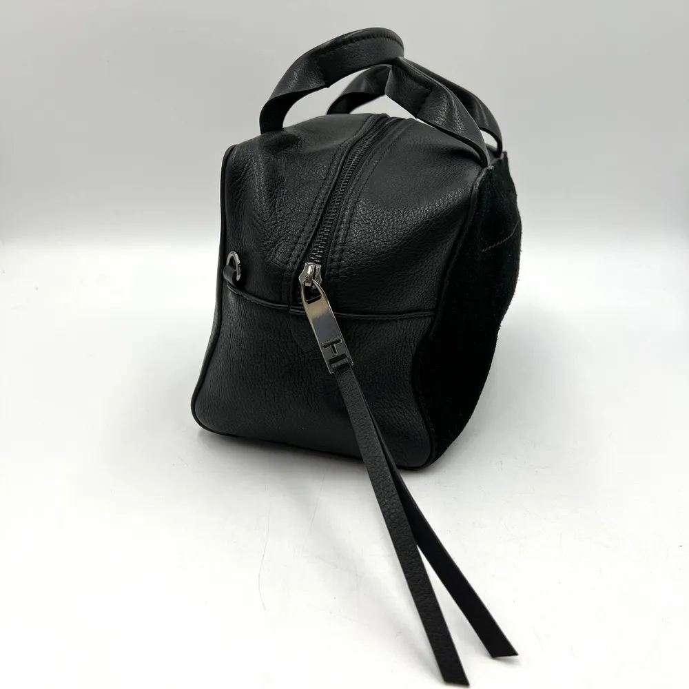 T Tahari Satchel Leather Boxy Black Suede Modern Handbag Purse - Image 5