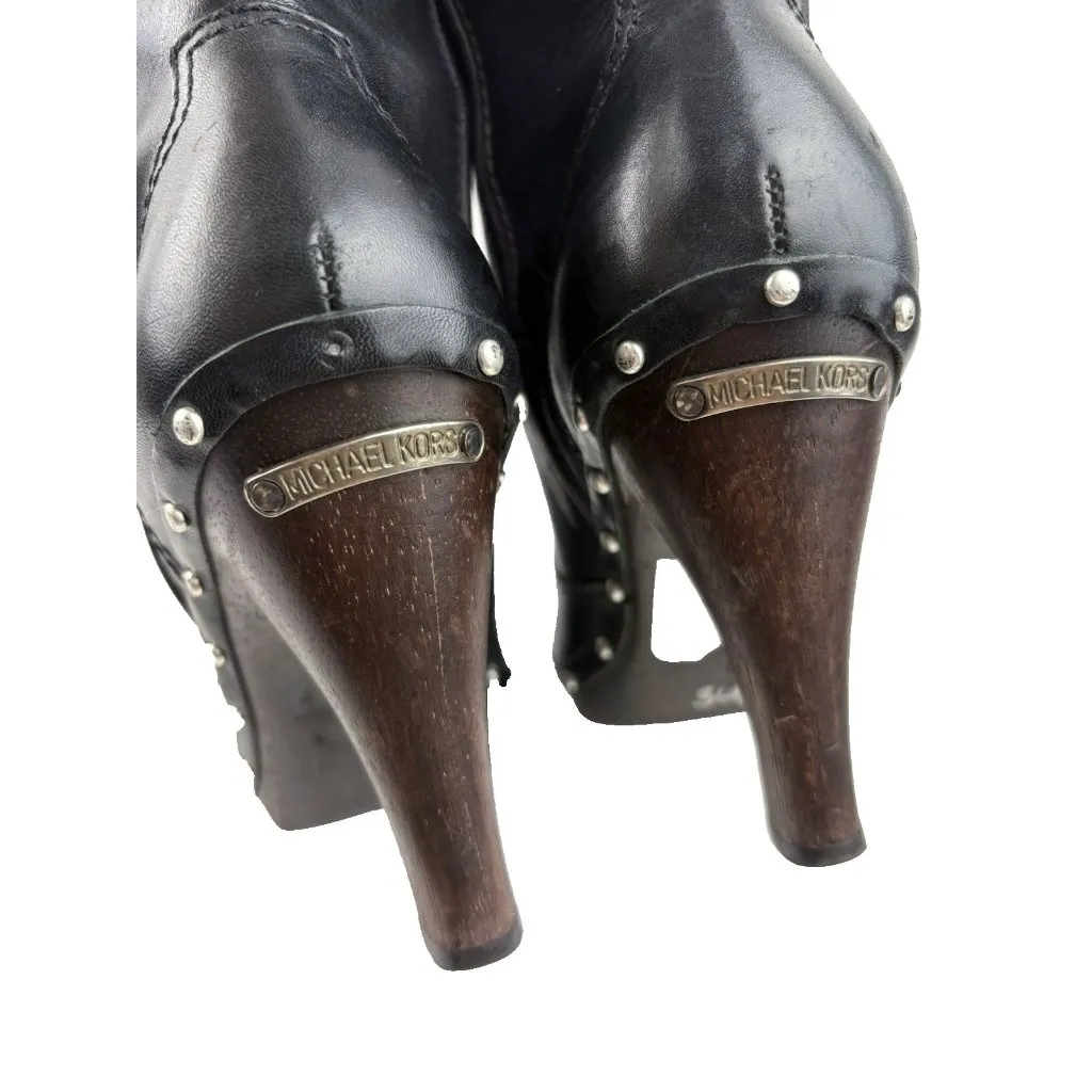 *Michael Kors Abagail Boots Womens Size 6 Black Leather Mid Calf Studded Heeled - Image 14