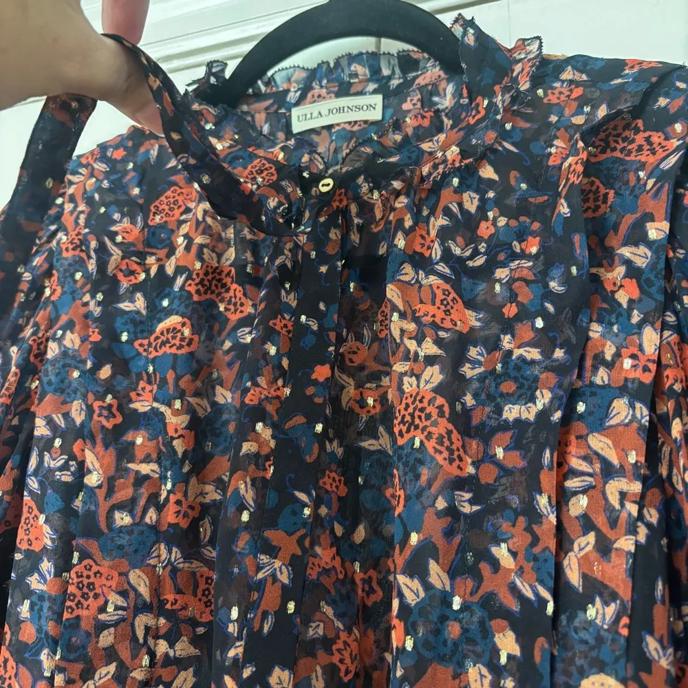 Ulla Johnson Silk Floral Long Sleeve Metallic Edith Blouse Size 2 Small Navy Top - Image 5