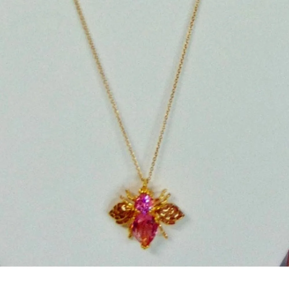 Joan Rivers Hope BEE PIN Pendant NECKLACE Gold Wings Pink Crystal Breast Cancer - Image 2