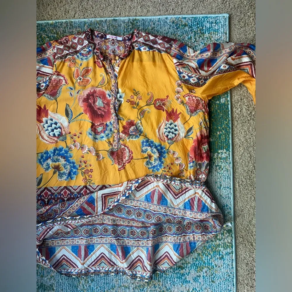Sasha Maine yellow floral multi silk tunic blouse, size large - Image 12