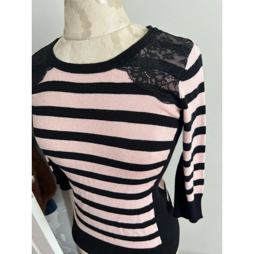 A. Byer 3/4 Sleeve Lace Overlay Striped Knit Sweater Small - Image 2