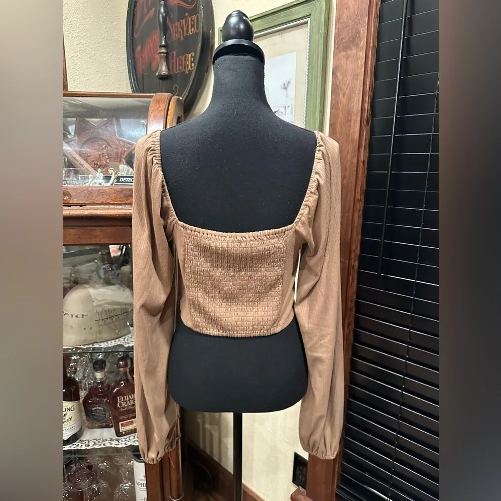 Mixed Treads Light Brown Crop Top Balloon Sleeve Large Tan - Image 4