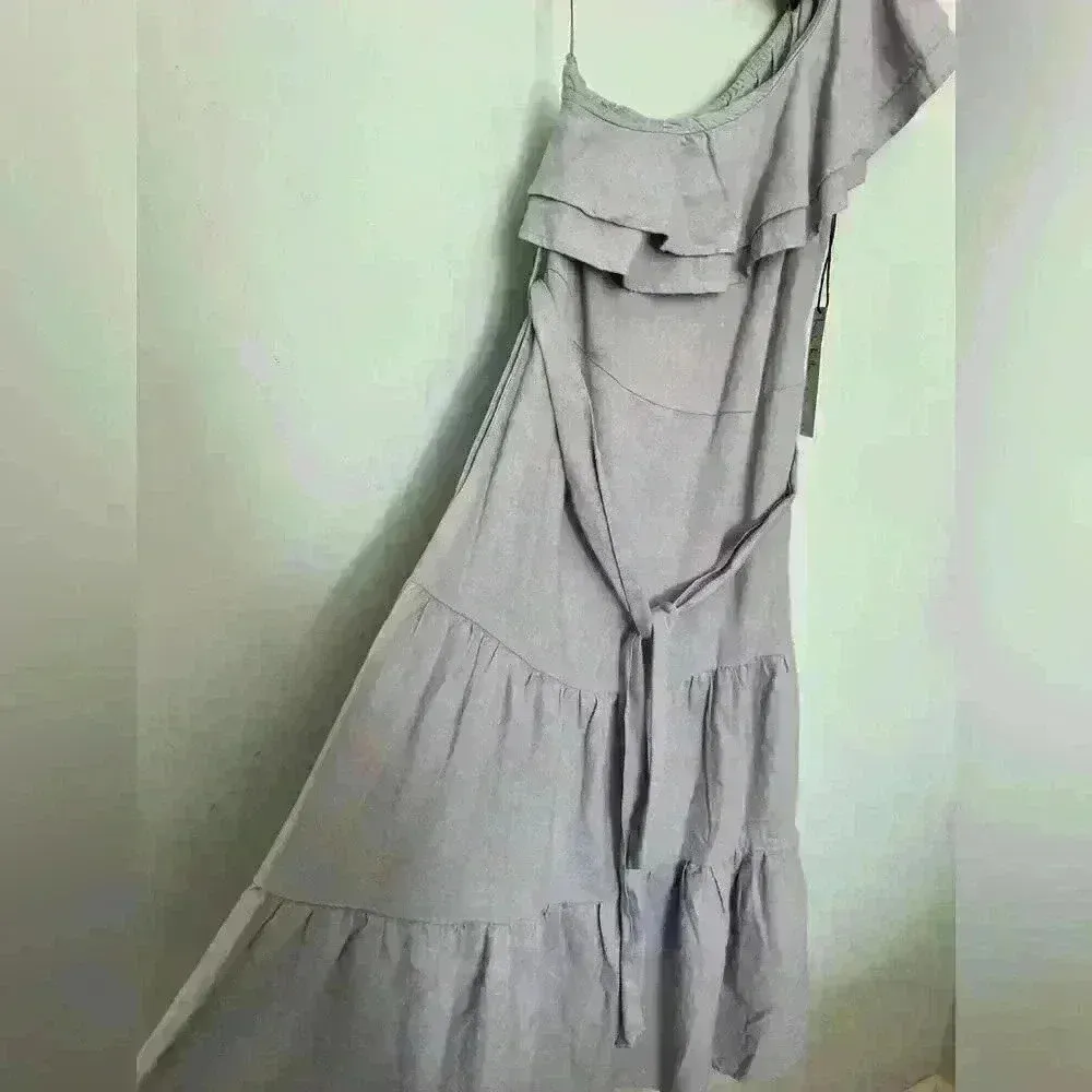 Nicole Miller One Shoulder Ruffle Trim Linen Tiered Midi Dress Size Sm - Image 4