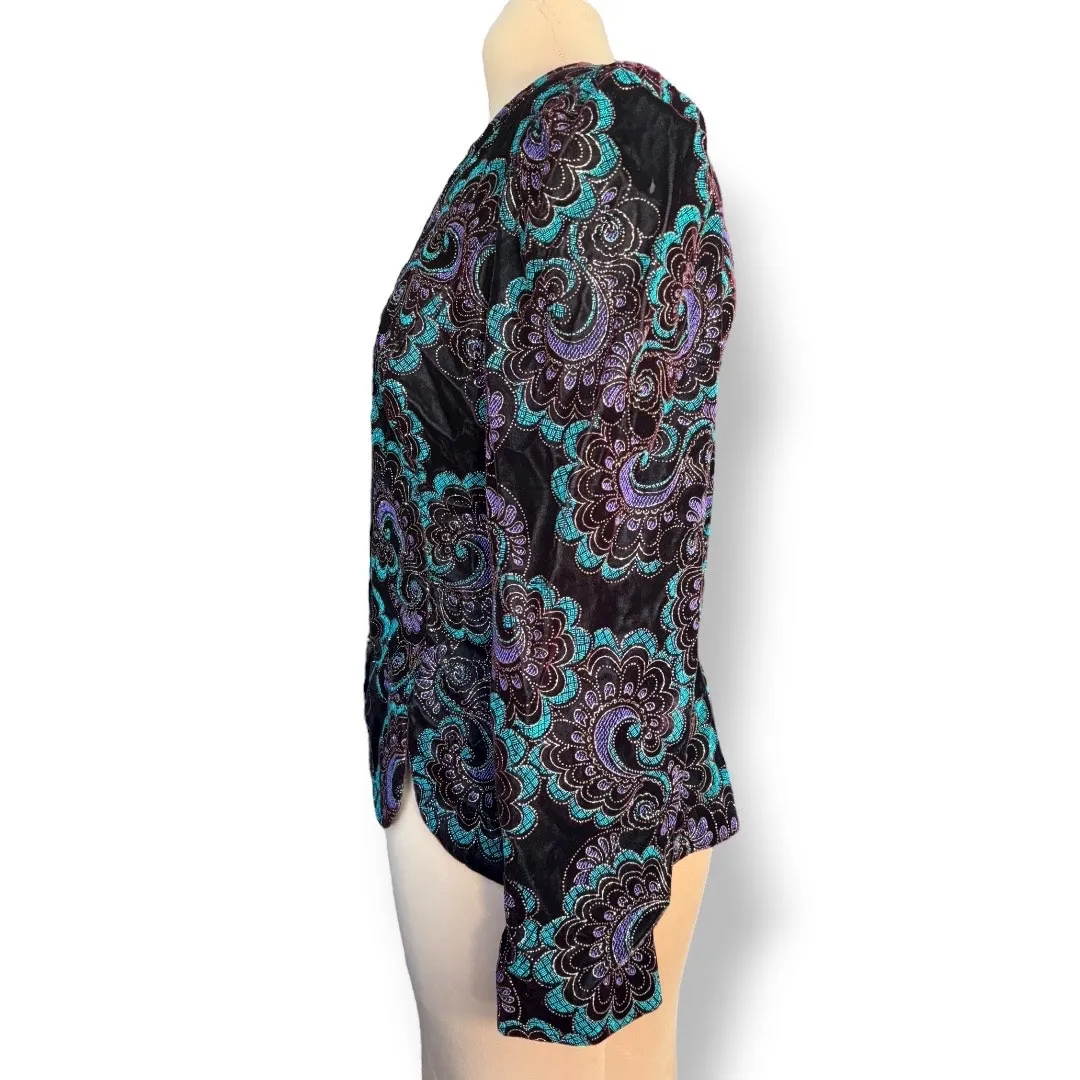 Vintage Velvet Paisley Jacket Black Teal Purple Button Front Scalloped Hem 12 - Image 3