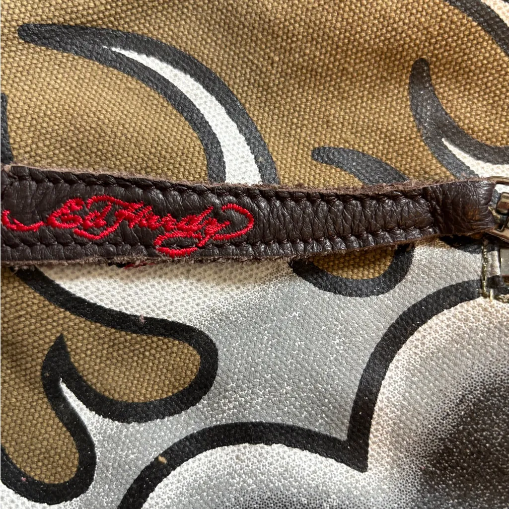 ED HARDY BLACK AND KHAKI CANVAS HAND BAG WITH CHAIN HANDLES AND GRAPHIC DESIGN - Image 11