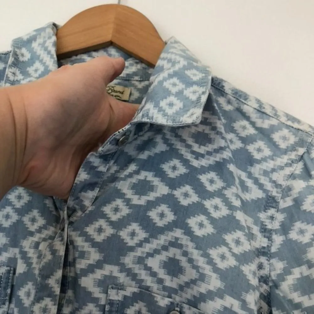 LUCKY BRAND Blue Chambray Denim Look Cream Ivory Ikat Boho Cotton Shirt Dress SM - Image 6