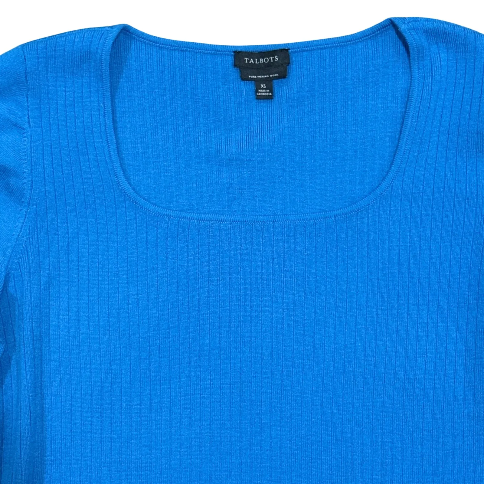 Talbots Blue Ribbed Square Neck Puff Sleeve Sweater Women's XS Pure Merino Wool - Image 2