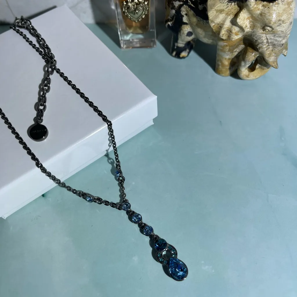 Givenchy Blue Topaz Y-Drop Signed Vintage Necklace 18” Gunmetal Chain - Image 11