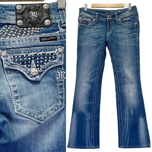 Miss Me Y2K Jeans Bling Rhinestone Angel Wing Bootcut Medium Wash JP5086 Size 29 - Image 2
