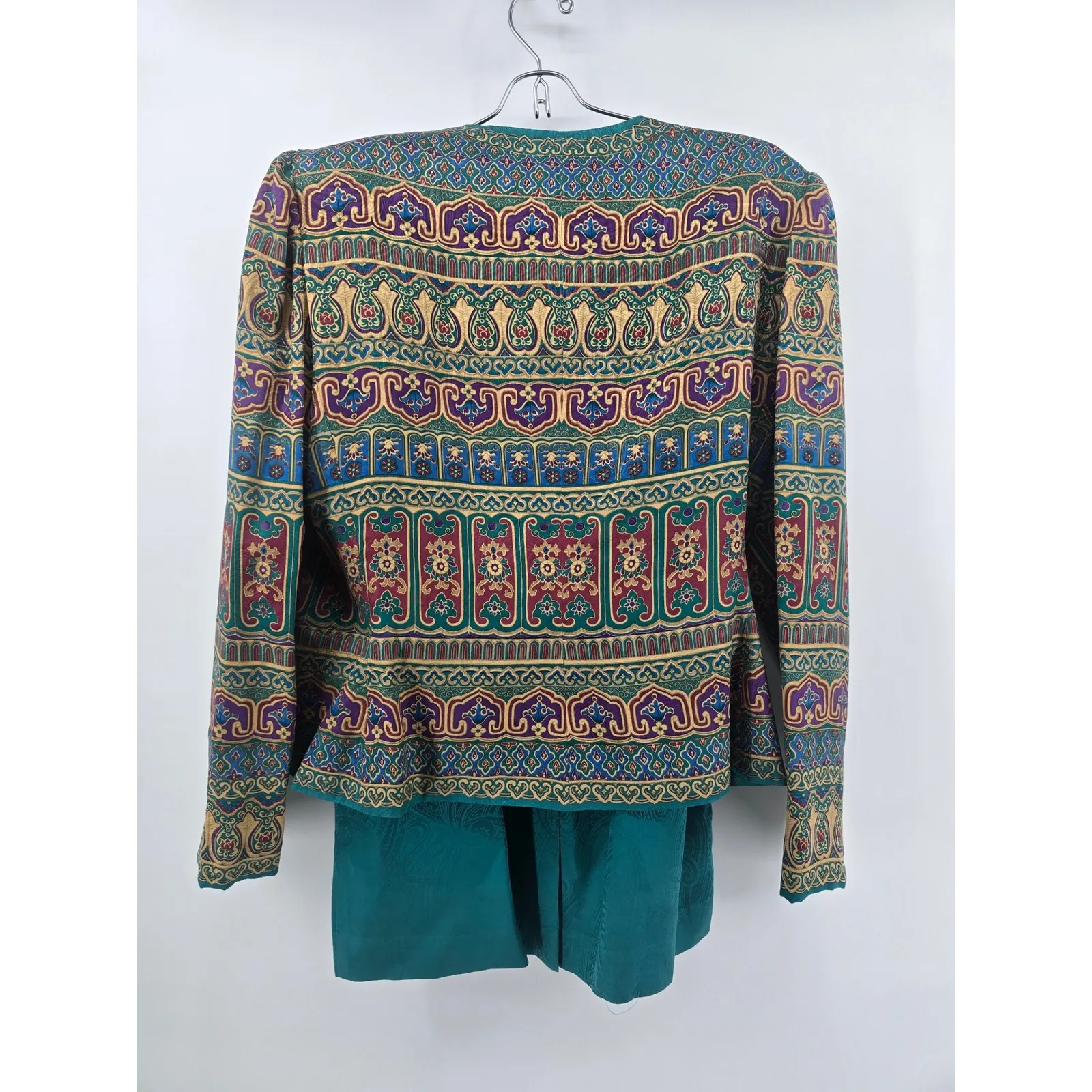 Adrianna Papell Silk Brocade Mandarin Collar Blazer Skirt Suit Teal Size 12 - Image 3