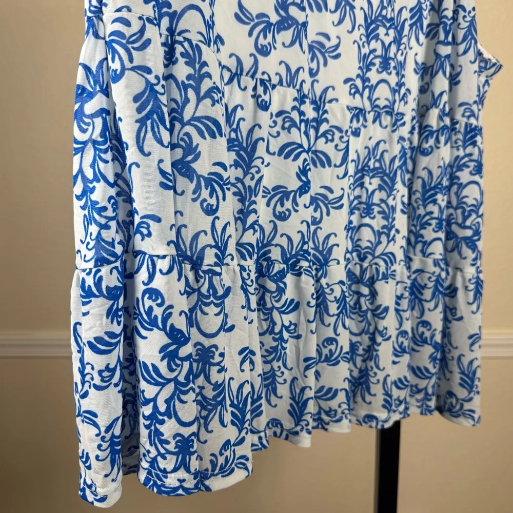Cottagecore Blue White Damask Print Ruffle Hem Large Pullover Lined Boho Tank - Image 11