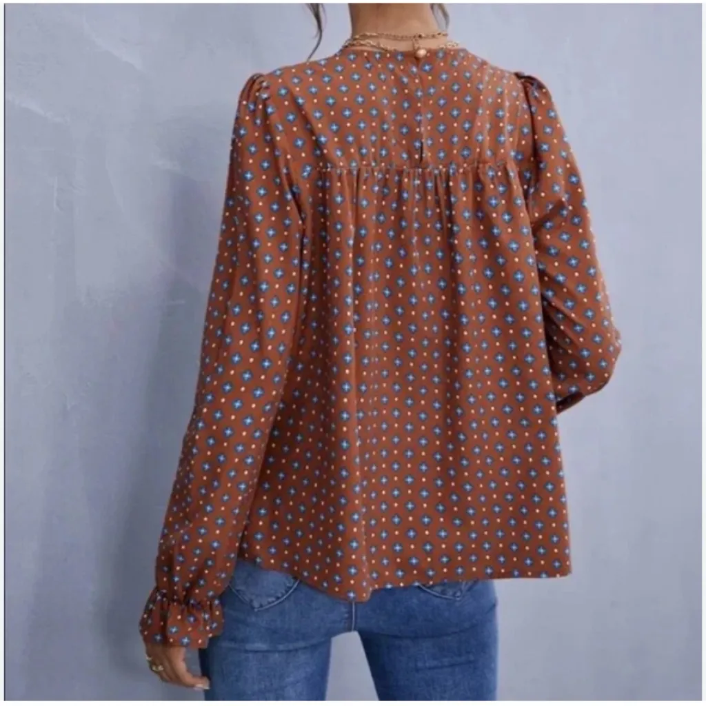 Rust Boho Blouse with Balloon Sleeves - Image 2
