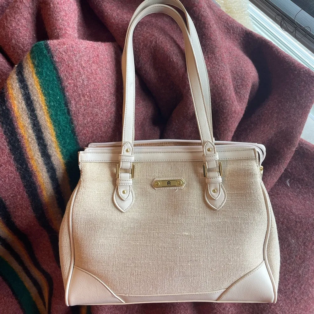 Vintage Etienne Aigner Bone leather and woven jute double handled satchel - Image 12