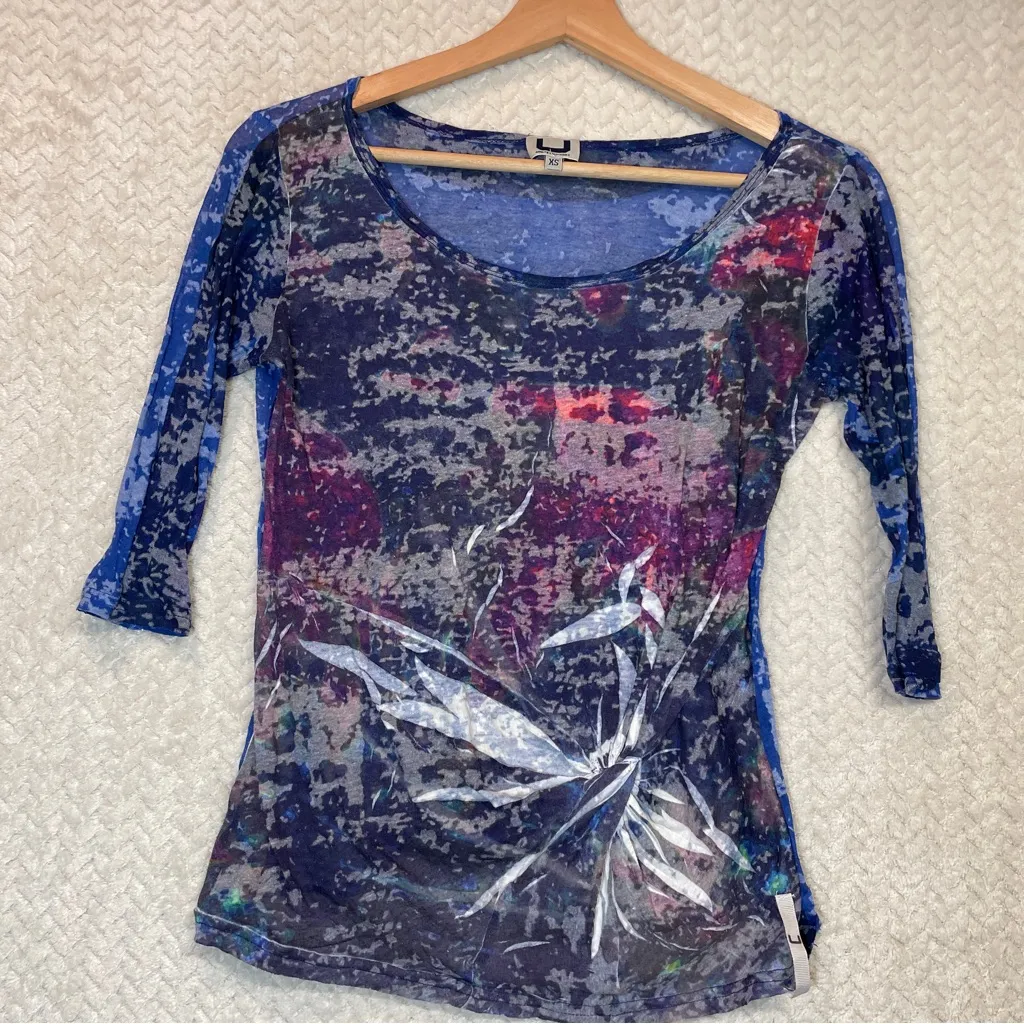 Adolfo Dominguez Womens Cyber Y2K Sheer Blue Abstract Print 3/4 Sleeve Top XS - Image 6