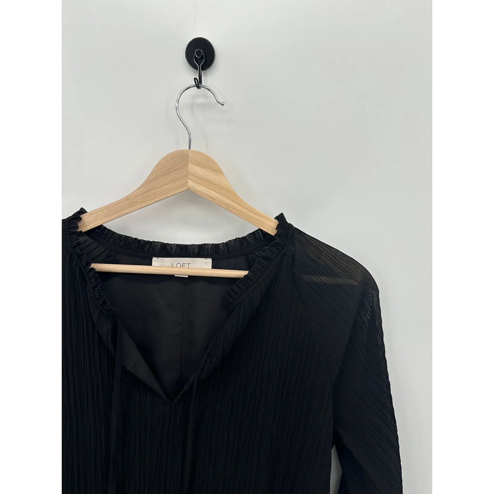 Loft Pleated Tie Neck Dress Women Medium Black Loose MISSING BELT Long Sleeve - Image 7