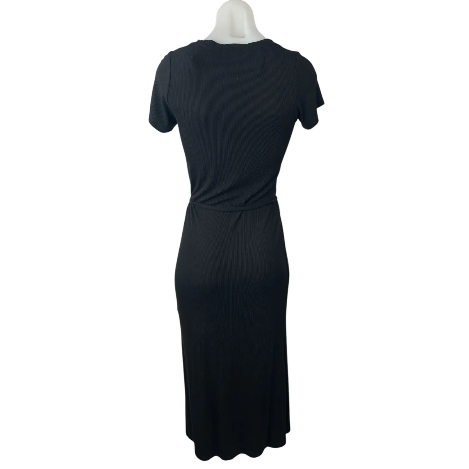 NEW Splendid Black Ribbed Short Sleeve Tie Waist Midi Bodycon T-Shirt Dress XS - Image 3