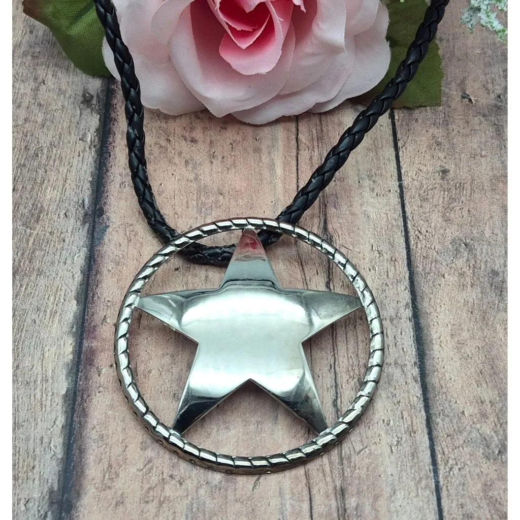Western Texas Star Brooch Pin Pendant on a Black Faux Cord Collar Necklace 18" - Image 2