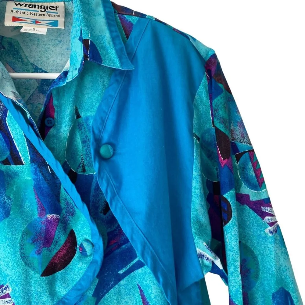 Wrangler 80s Vintage Southwestern Turquoise Blue Western Shirt Small Button Down - Image 3