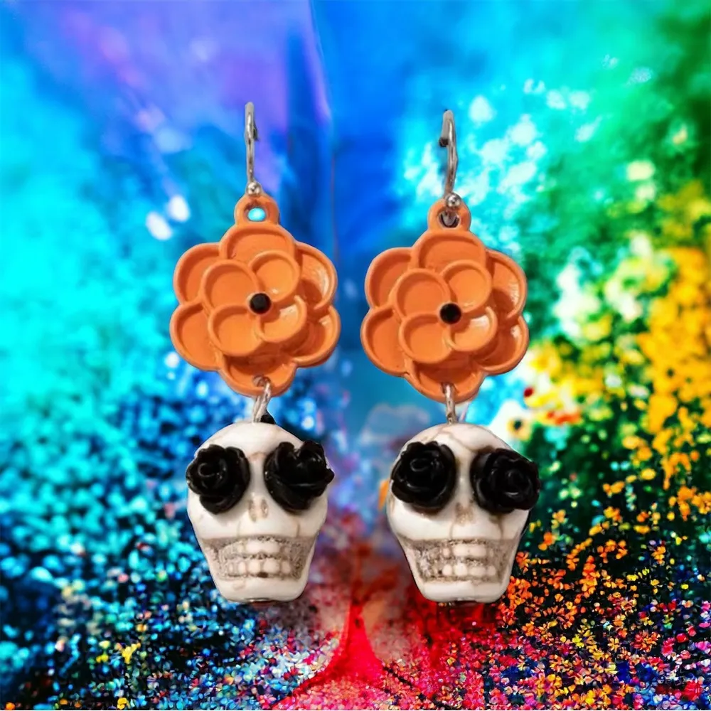 Skull Orange Flower Black Rose Eyes Drop Dangle Earrings Faux Fashion‎ Jewelry - Image 4