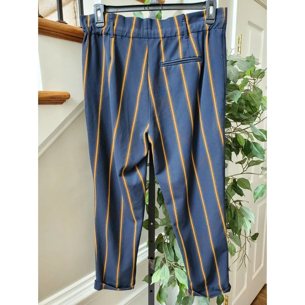 Zara Women's Blue Striped Polyester Comfort Waist Mid Rise Dress Pant Size L - Image 6