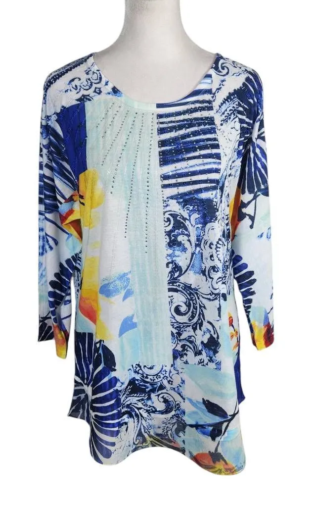 Christopher & Banks Blue and Orange Tee with Sequins and Sparkles Size Medium - Image 1