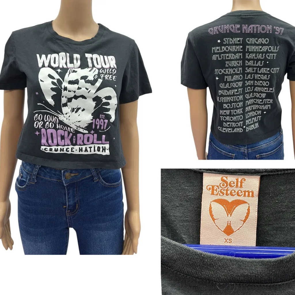 Self Esteem World Tour Rock and Roll Grunge Nation Wild and Free Graphic Tee XS - Image 2