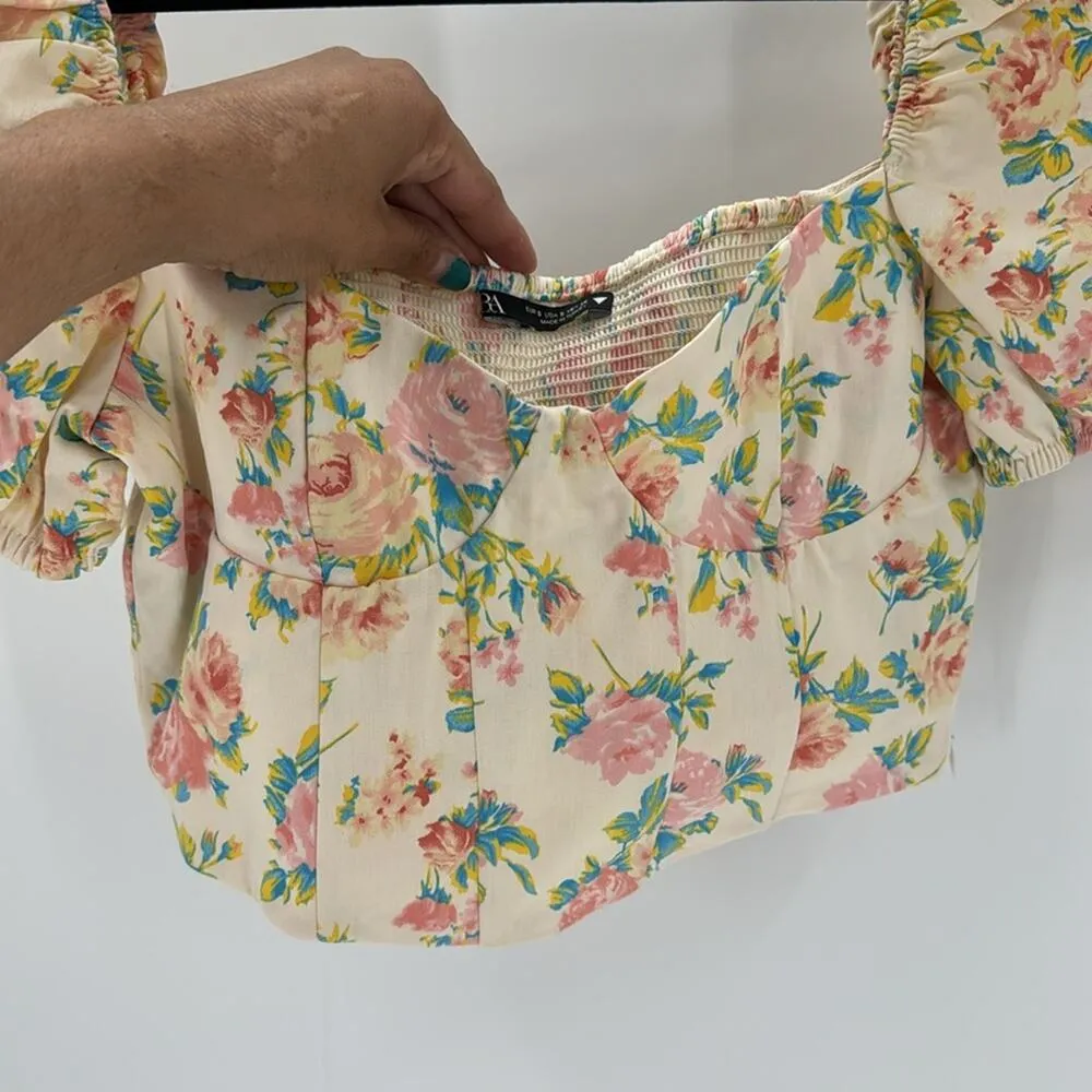 Zara Floral Corset Bustier Crop Top puff sleeve fairy festival rodeo size S - Image 4