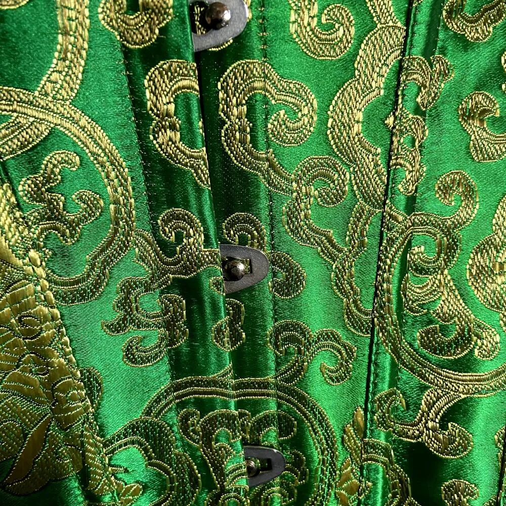 VTG Corset Top 80s Floral Embroidered Lace Up Back Frill Trim Overbust Green S - Image 2