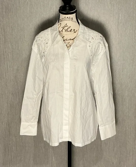Design History 100% Cotton White Button-Up Blouse Knit Shoulder Size Large - Image 1
