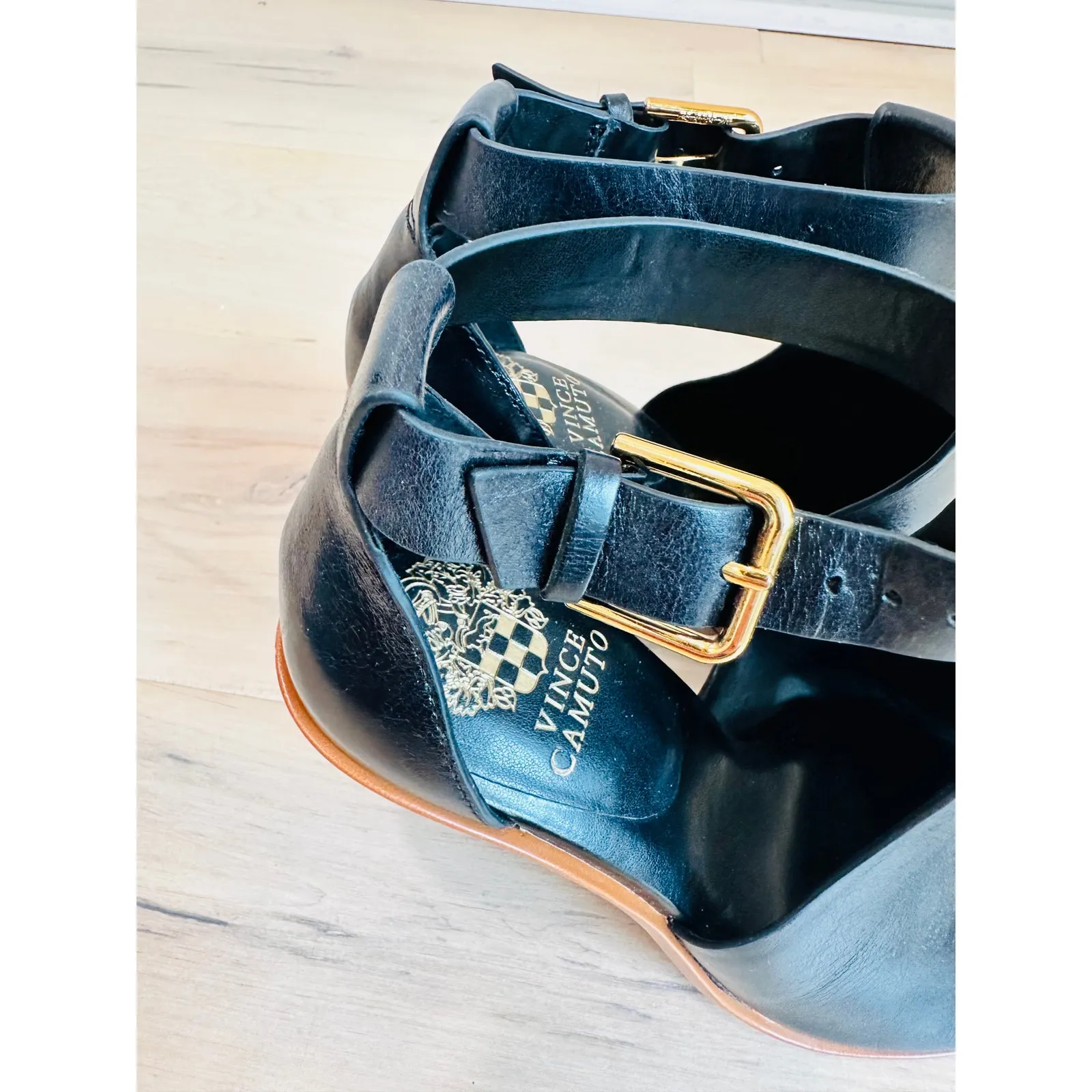 Vince Camuto Frasper Heeled Sandals Size 7.5 Black Peeptoe cut out NWOB - Image 6