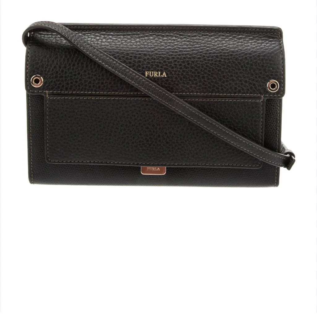 Furla Dark Black Pebble Leather Shoulder Bag | Crossbody Wallet Purse Authentic - Image 2