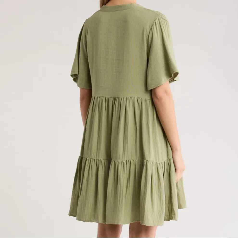Caslon Short Sleeve Tiered Babydoll Dress Olive Acron Size Large - Image 2