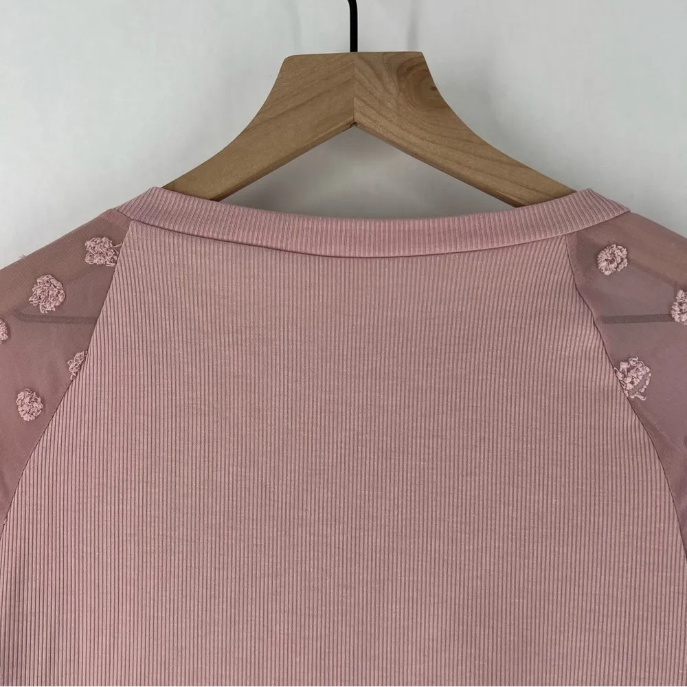 Petal Pink Lightweight Stretch Ribbed‎ Knit Chiffon Swiss Dot Balloon Sleeve Top Size L - Image 8